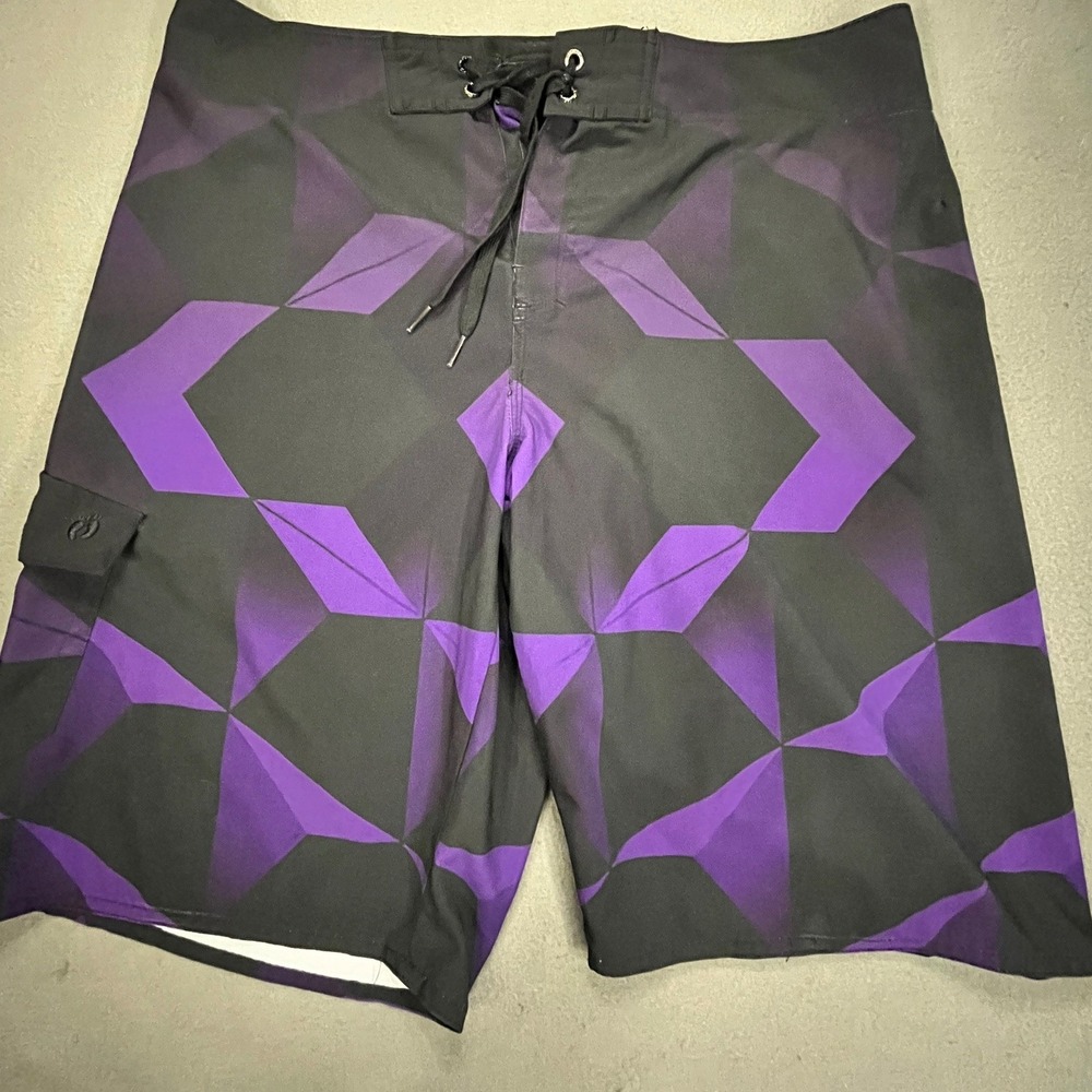 Hang Ten Mens 36 Board Shorts Polyester Spandex Black Purple Geometric Pocket